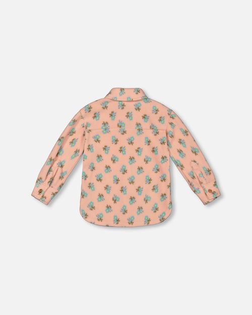 Printed Polar Fleece Shirt Peach With Blue Flowers - G20E17_000