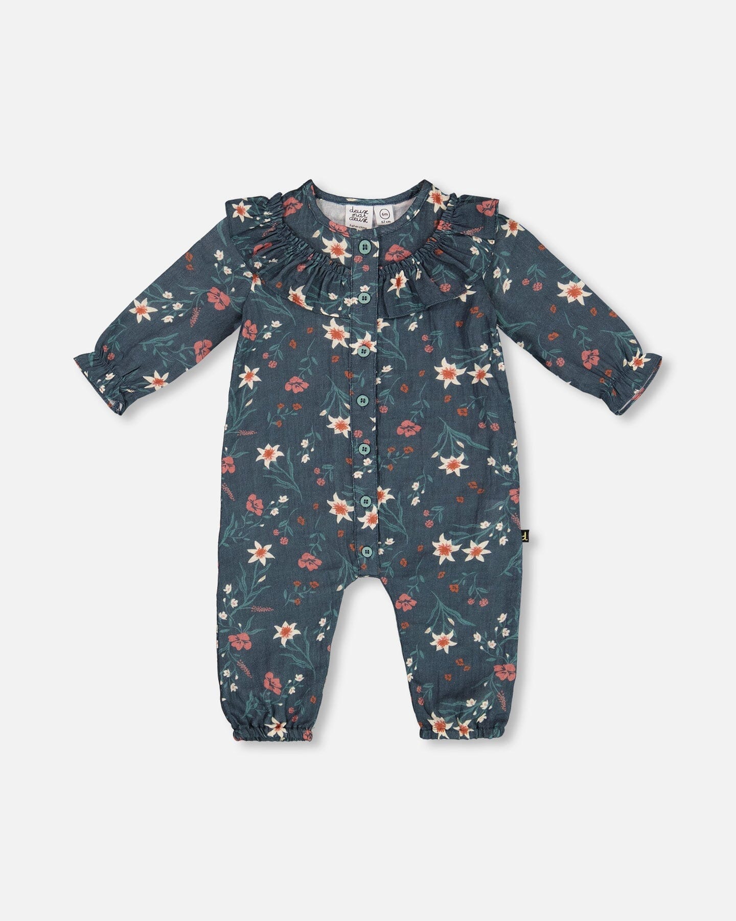 Printed Muslin Jumpsuit Teal With Flowers - G20E40_040