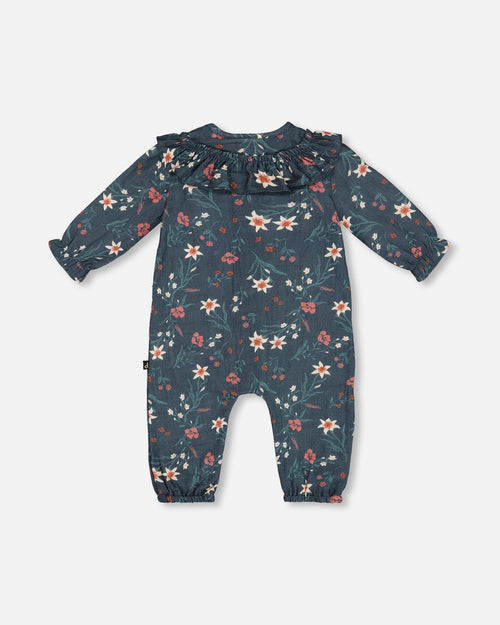 Printed Muslin Jumpsuit Teal With Flowers - G20E40_040