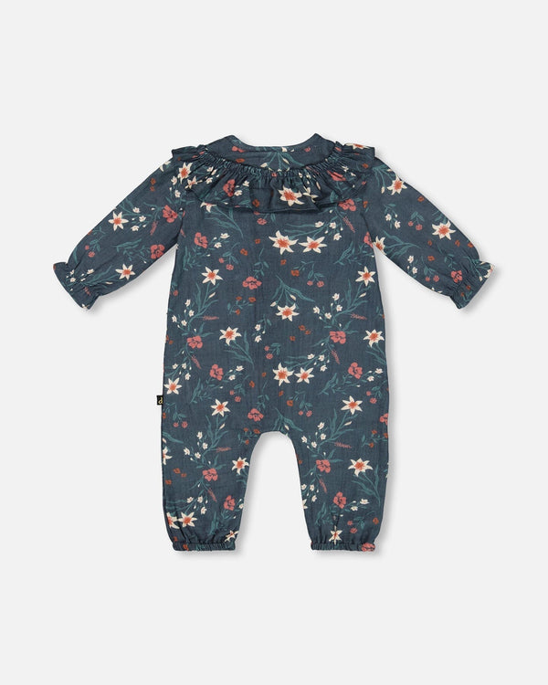 Printed Muslin Jumpsuit Teal With Flowers - G20E40_040