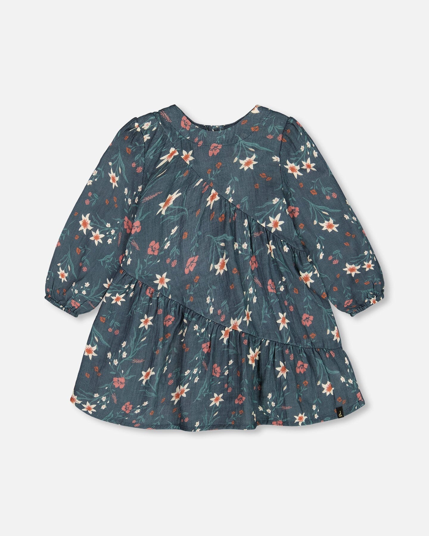 Long Sleeve Muslin Dress Teal Printed Flowers - G20E90_040