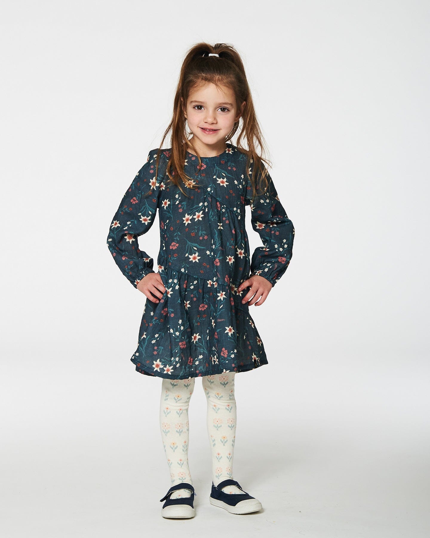 Long Sleeve Muslin Dress Teal Printed Flowers Dresses Deux par Deux 