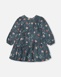 Long Sleeve Muslin Dress Teal Printed Flowers - G20E90_040