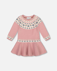 Knit Dress With Round Intarsia Flowers Light Pink Dresses Deux par Deux 