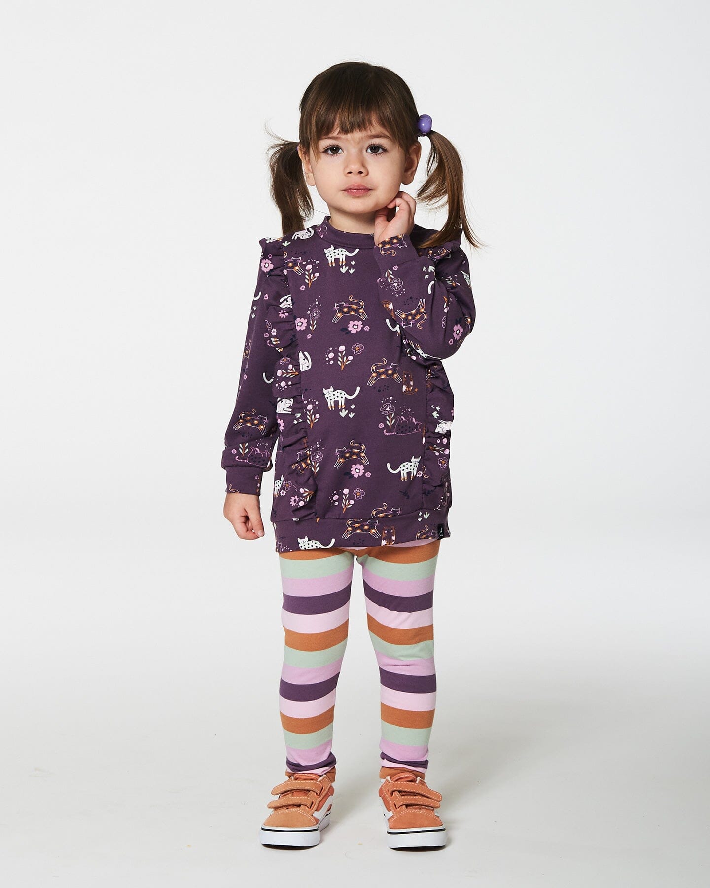 Tunic Mauve Printed Cats And Striped Leggings Set Sets Deux par Deux 