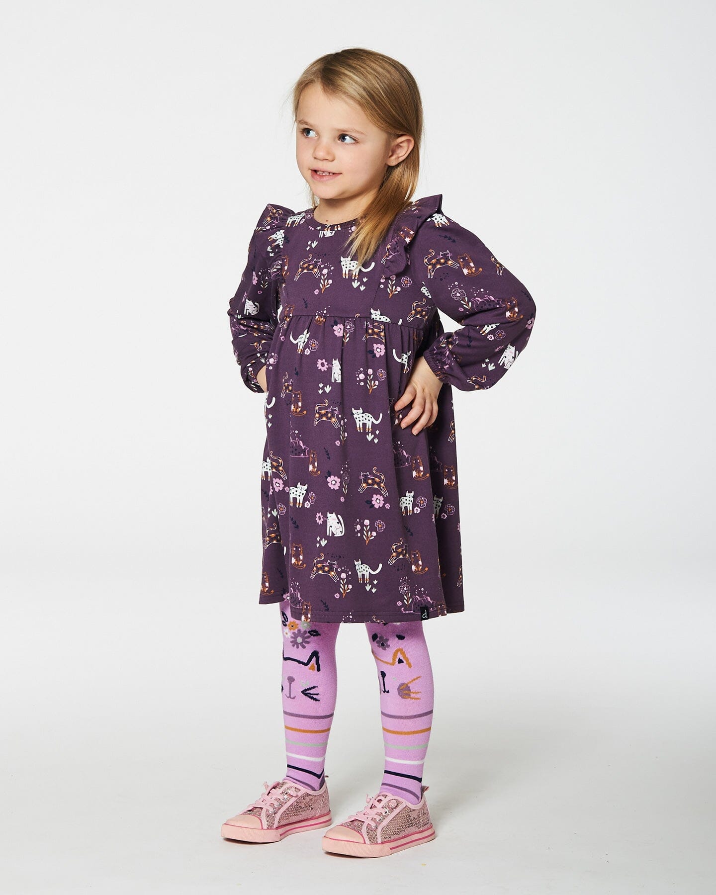 Dress With Frills Mauve Printed Cats Dresses Deux par Deux 