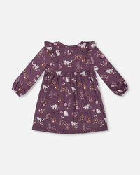 Dress With Frills Mauve Printed Cats - G20F90_044