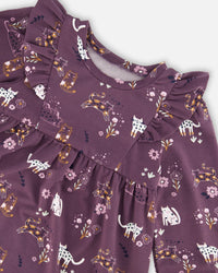 Dress With Frills Mauve Printed Cats - G20F90_044