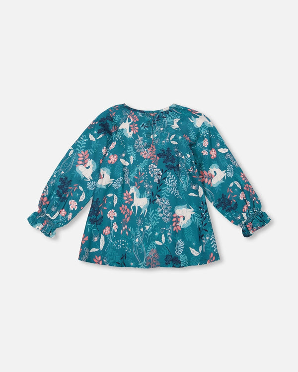 Long Sleeve Viscose Blouse Turquoise Printed Fairy Unicorn - G20G15_063