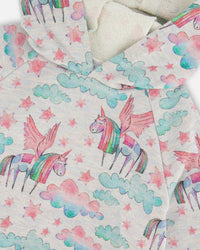 Printed Shiny French Terry Hoodie Gray Mix Printed Unicorn - G20G31_000