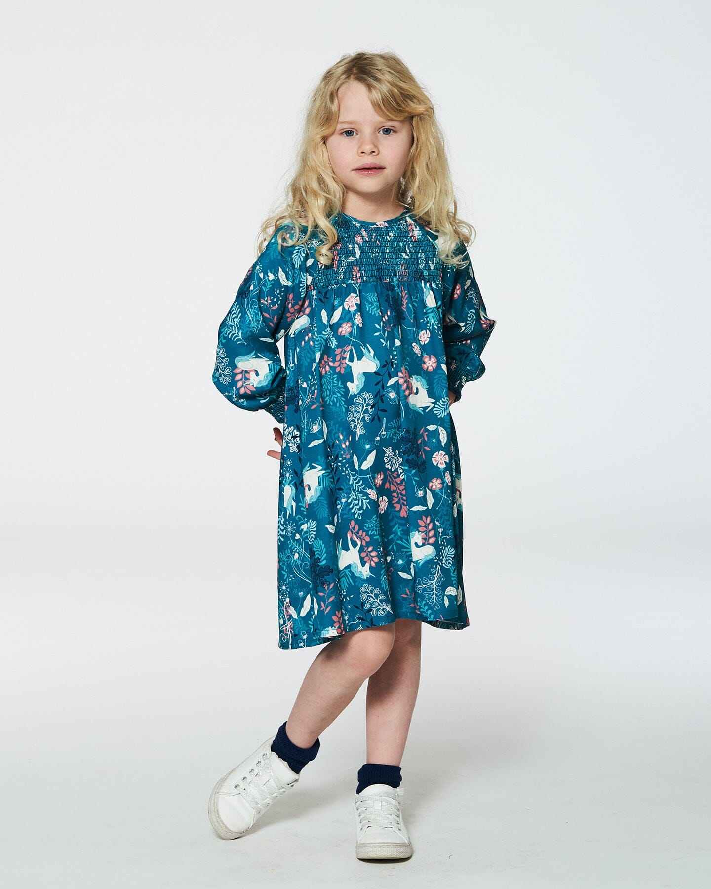 Puffy Long Sleeve Viscose Dress Turquoise Printed Fairy Unicorn Dresses Deux par Deux 