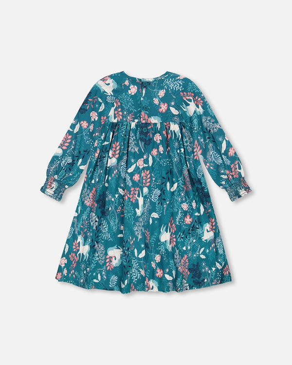 Puffy Long Sleeve Viscose Dress Turquoise Printed Fairy Unicorn - G20G93_063
