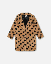 Faux Fur Long Coat Caramel Printed Heart - G20H50_000