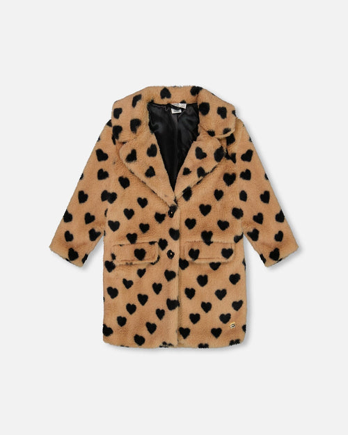 Faux Fur Long Coat Caramel Printed Heart - G20H50_000