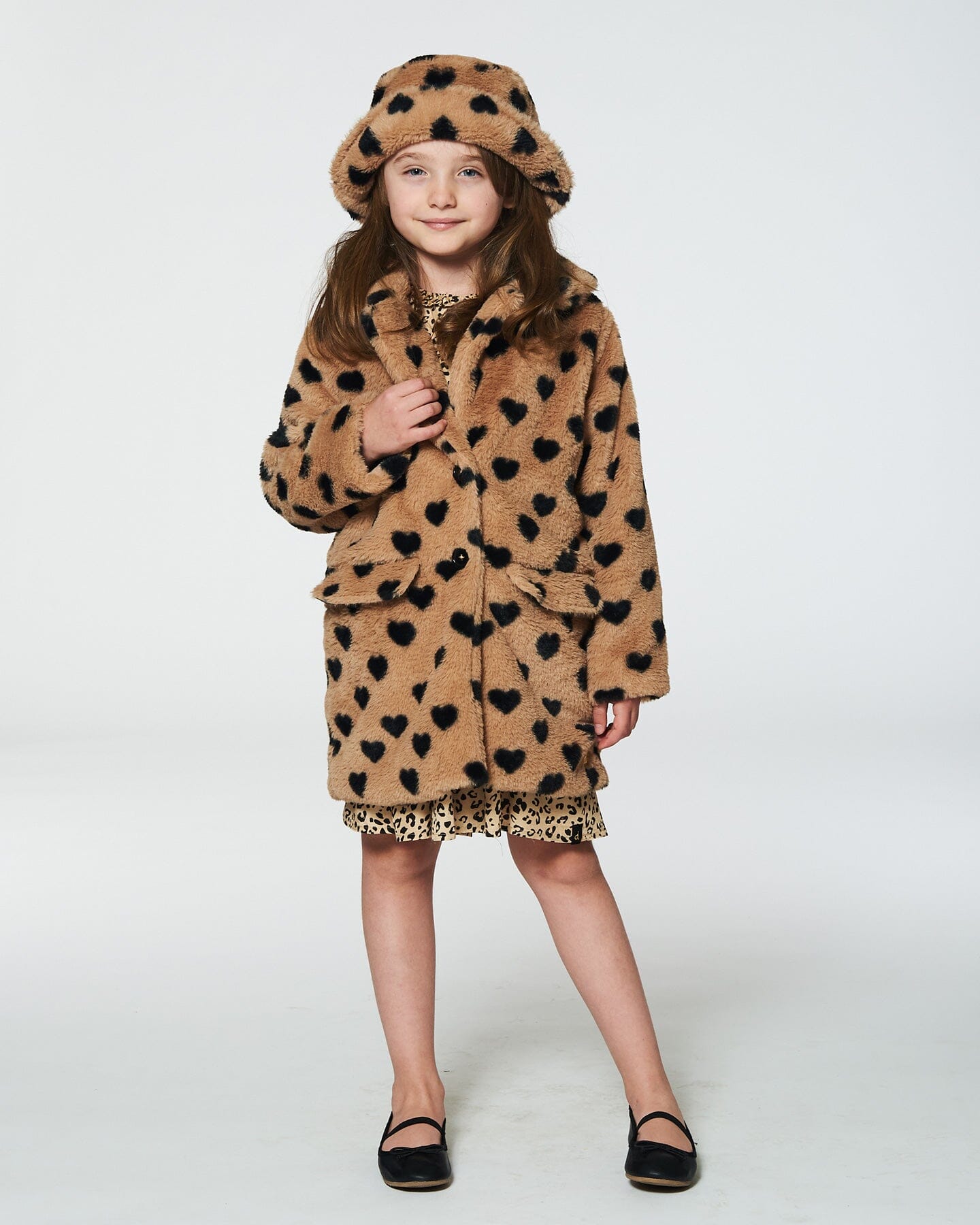 Faux Fur Long Coat Caramel Printed Heart Sweaters & Hoodies Deux par Deux 