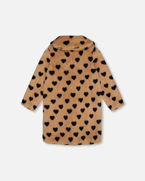 Faux Fur Long Coat Caramel Printed Heart - G20H50_000