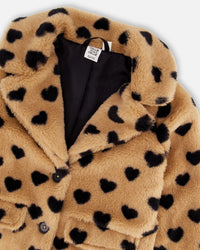 Faux Fur Long Coat Caramel Printed Heart - G20H50_000