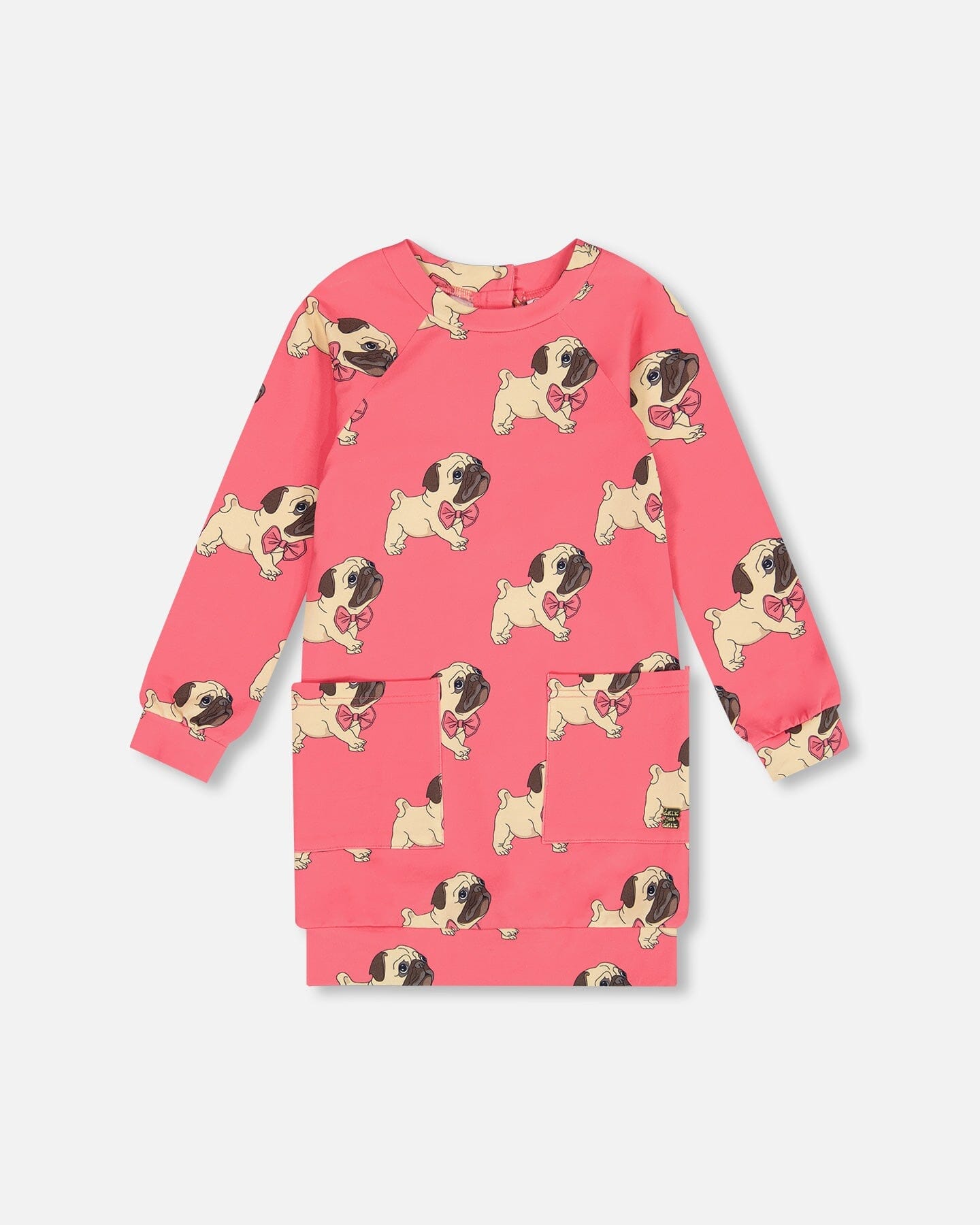 Long Sleeve Fleece Dress With Pocket Magenta Printed Pug - G20H90_079