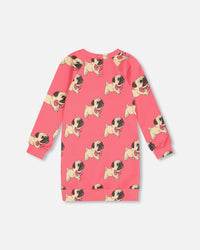 Long Sleeve Fleece Dress With Pocket Magenta Printed Pug - G20H90_079