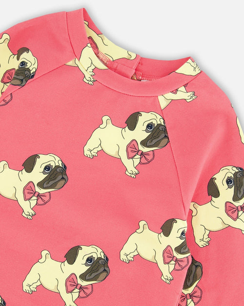 Long Sleeve Fleece Dress With Pocket Magenta Printed Pug - G20H90_079