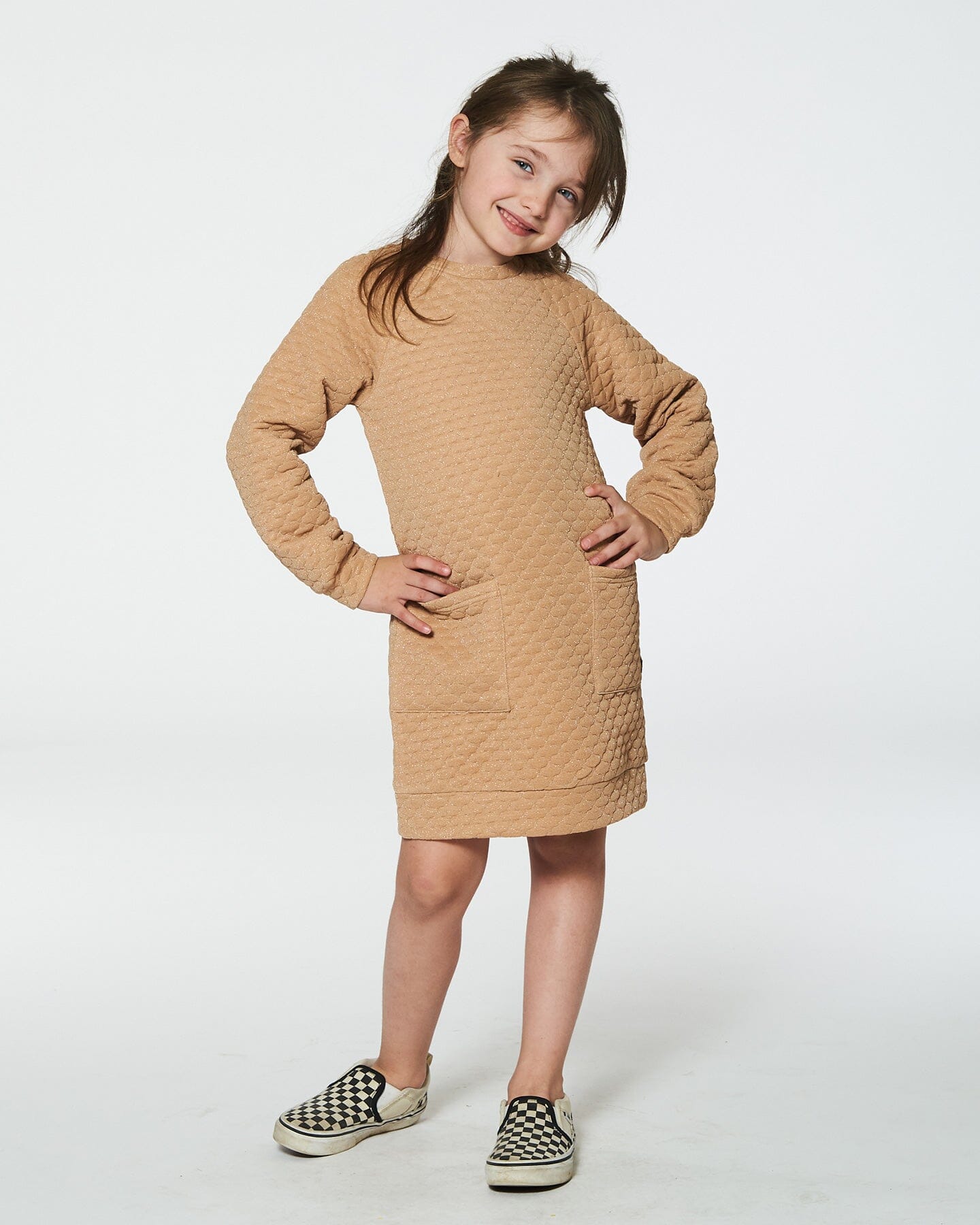 Long Sleeve Shiny Quilted Dress With Pocket Golden Brown Dresses Deux par Deux 