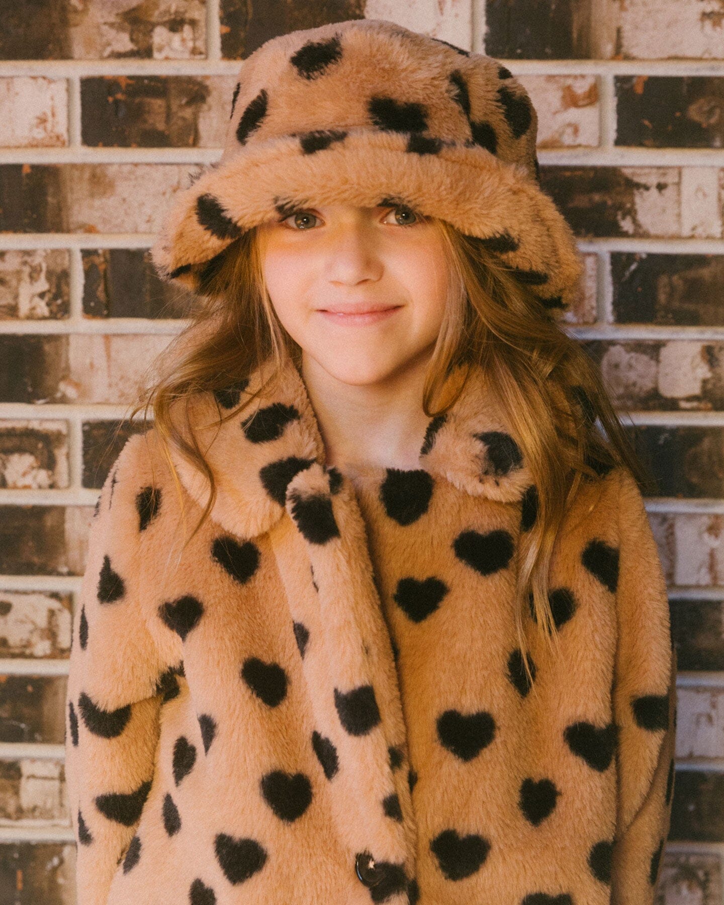 Faux Fur Bucket Hat Caramel Printed Heart Accessories Deux par Deux 