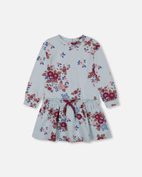 Fleece Dress Light Blue Printed Big Flowers - G20I93_077