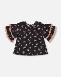 Elbow Sleeve Viscose Blouse Black Printed Flowers - G20J16_072