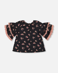 Elbow Sleeve Viscose Blouse Black Printed Flowers - G20J16_072