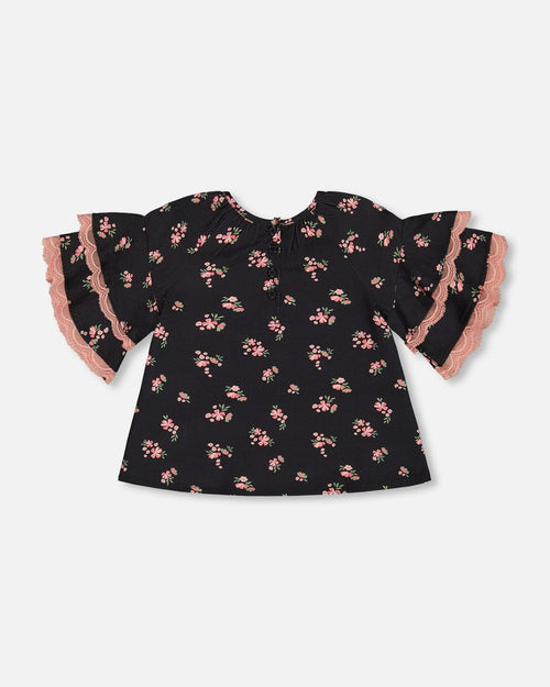 Elbow Sleeve Viscose Blouse Black Printed Flowers - G20J16_072