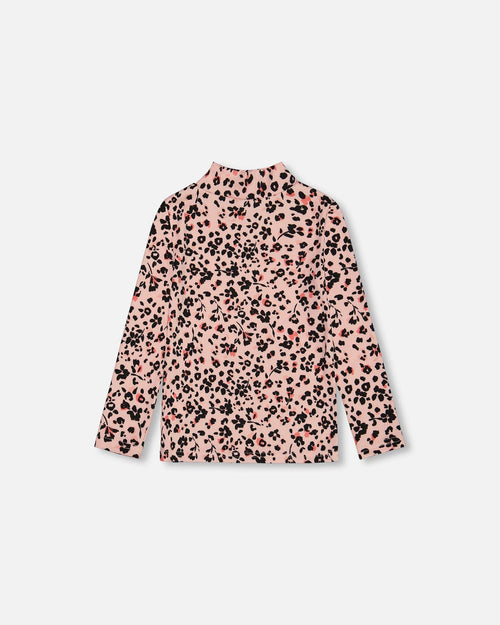Long Sleeve Mock Neck Top Pink Printed Leopard Flowers - G20J73_084