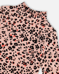 Long Sleeve Mock Neck Top Pink Printed Leopard Flowers - G20J73_084