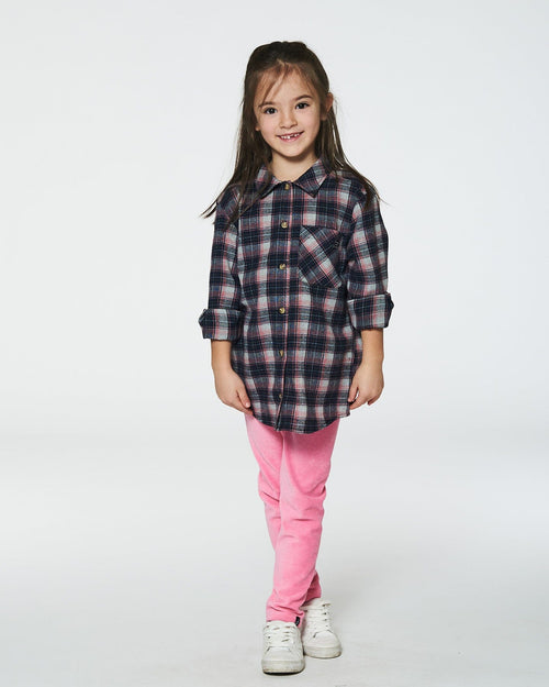 Long Sleeve Button Front Tunic Flannel Shirt Plaid Navy And Pink Tees & Tops Deux par Deux 
