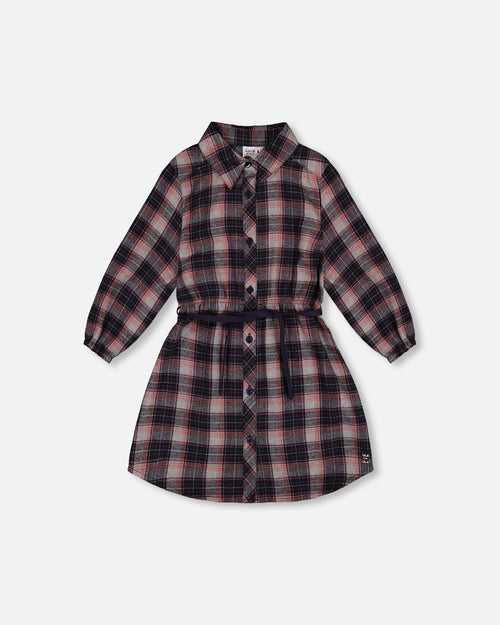 Shirt Flannel Dress With Belt Plaid Navy And Pink - G20K90_086