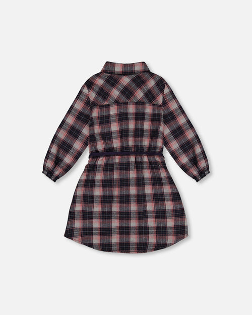 Shirt Flannel Dress With Belt Plaid Navy And Pink - G20K90_086