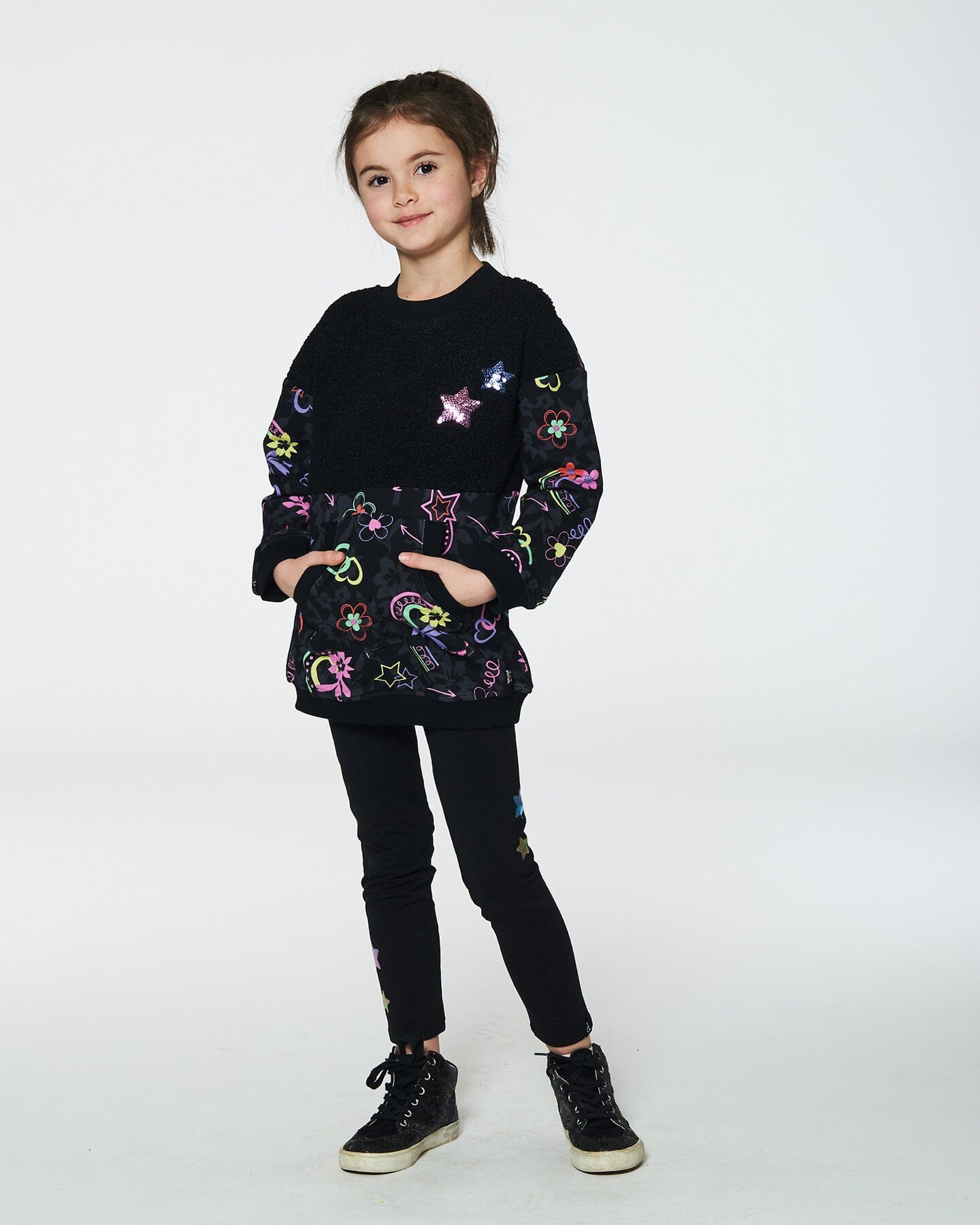 Bi-Material French Terry And Sherpa Tunic With Pocket Black Printed Rainbow Hearts Tees & Tops Deux par Deux 