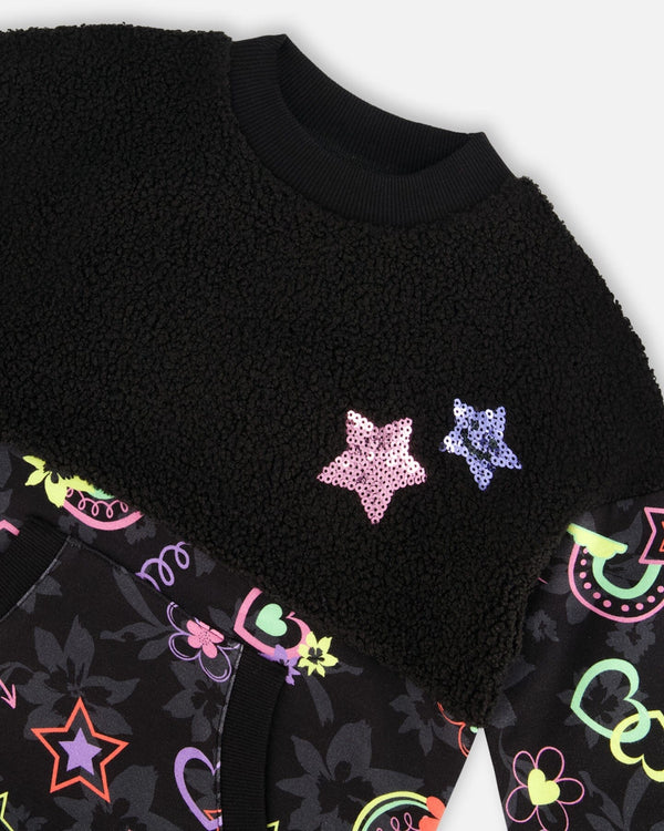 Bi-Material French Terry And Sherpa Tunic With Pocket Black Printed Rainbow Hearts - G20L77_082
