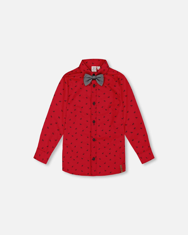 Printed Reindeer Poplin Shirt With Bow Tie Red Tees & Tops Deux par Deux 
