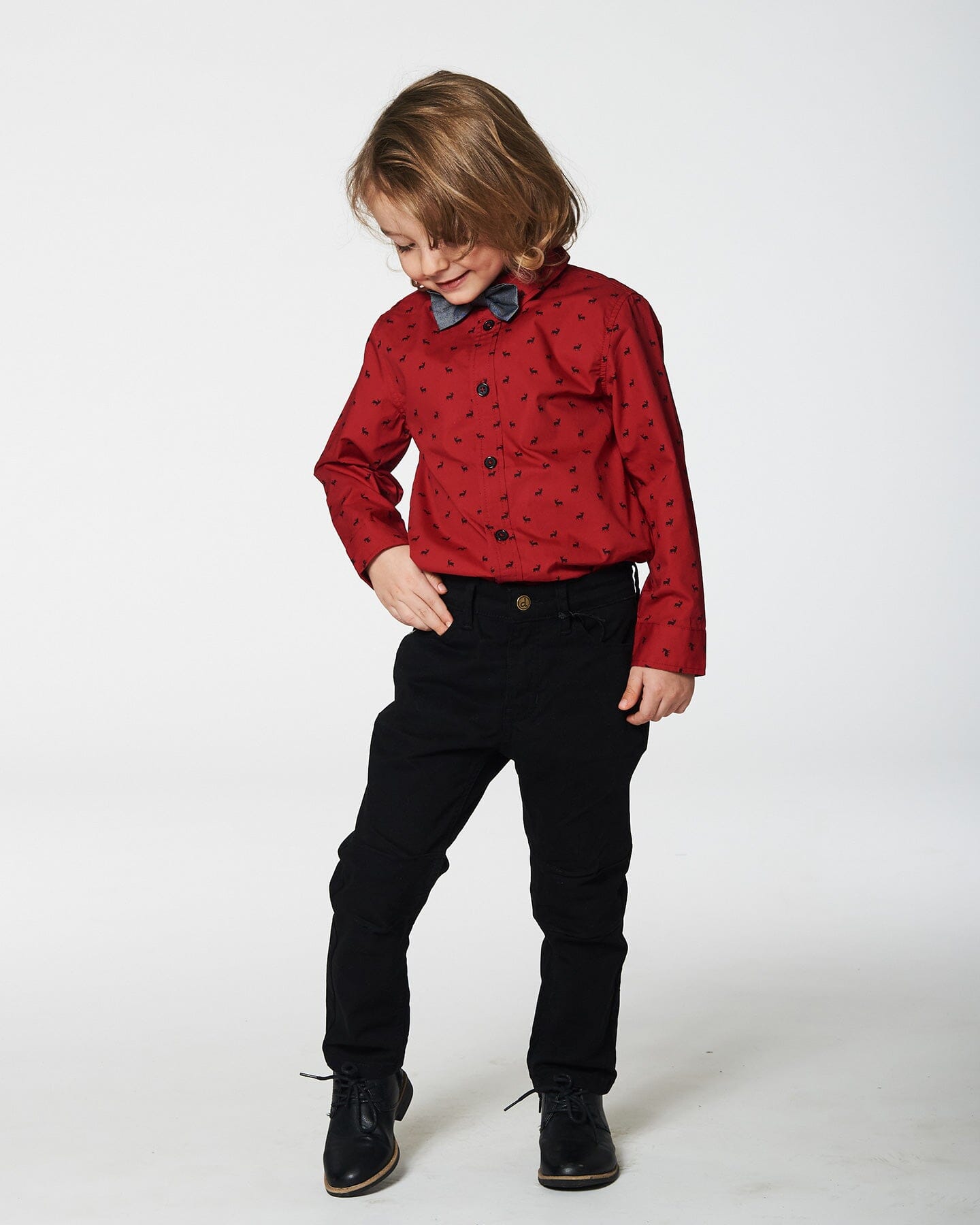 Printed Reindeer Poplin Shirt With Bow Tie Red Tees & Tops Deux par Deux 