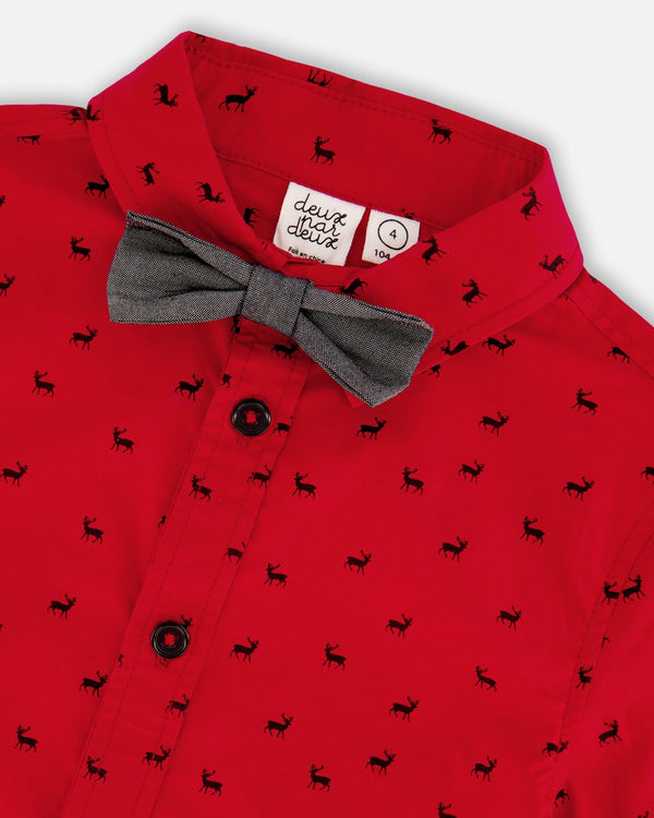 Printed Reindeer Poplin Shirt With Bow Tie Red Tees & Tops Deux par Deux 