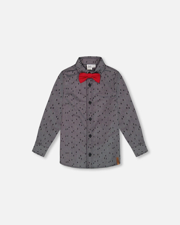 Printed Pine Chambray Shirt With Bow Tie Gray Tees & Tops Deux par Deux 