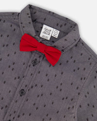 Printed Pine Chambray Shirt With Bow Tie Gray Tees & Tops Deux par Deux 