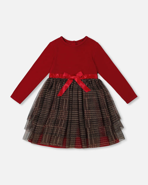 Bi-Material Dress With Glittering Tulle Skirt Red Plaid Dresses Deux par Deux 