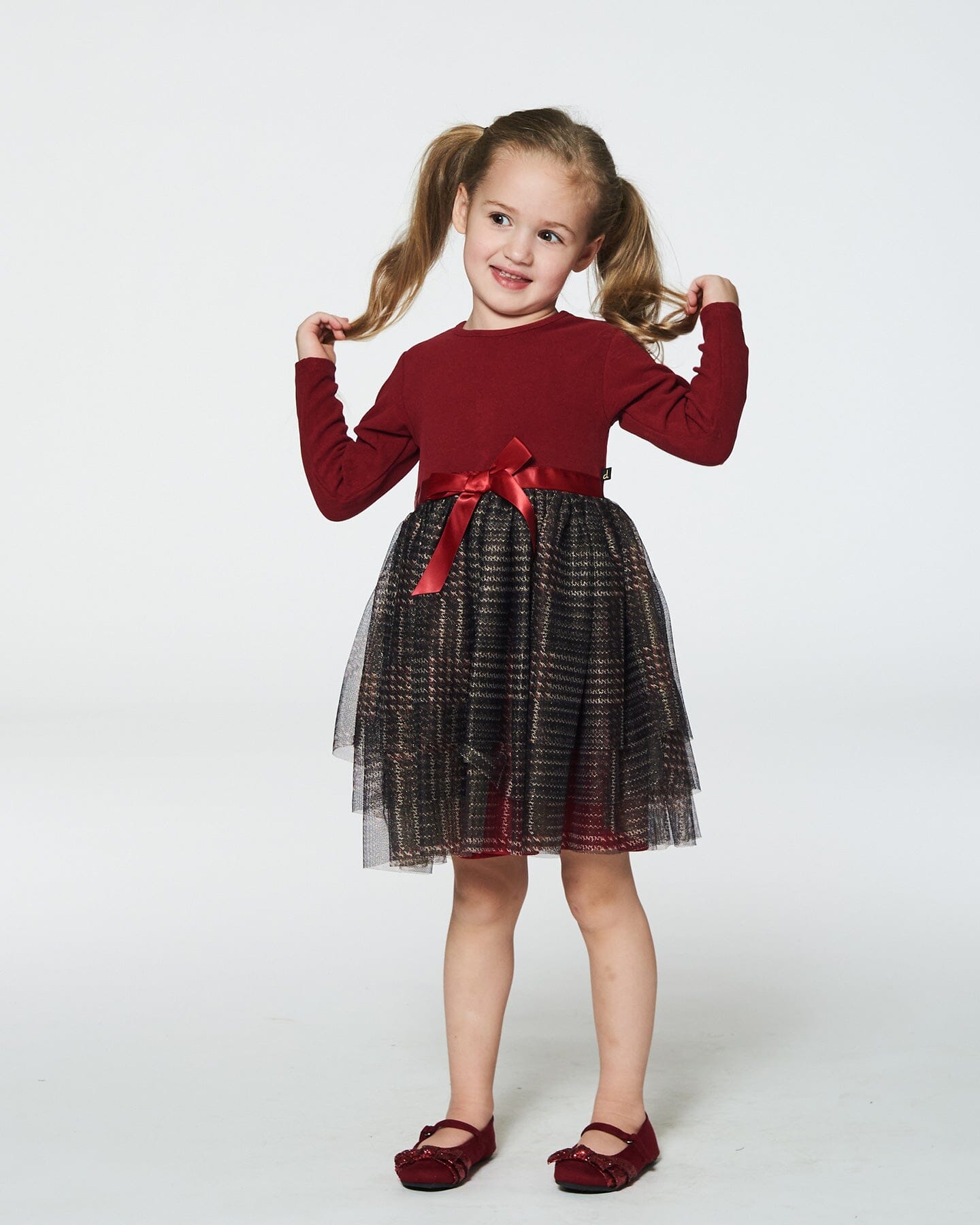 Bi-Material Dress With Glittering Tulle Skirt Red Plaid Dresses Deux par Deux 