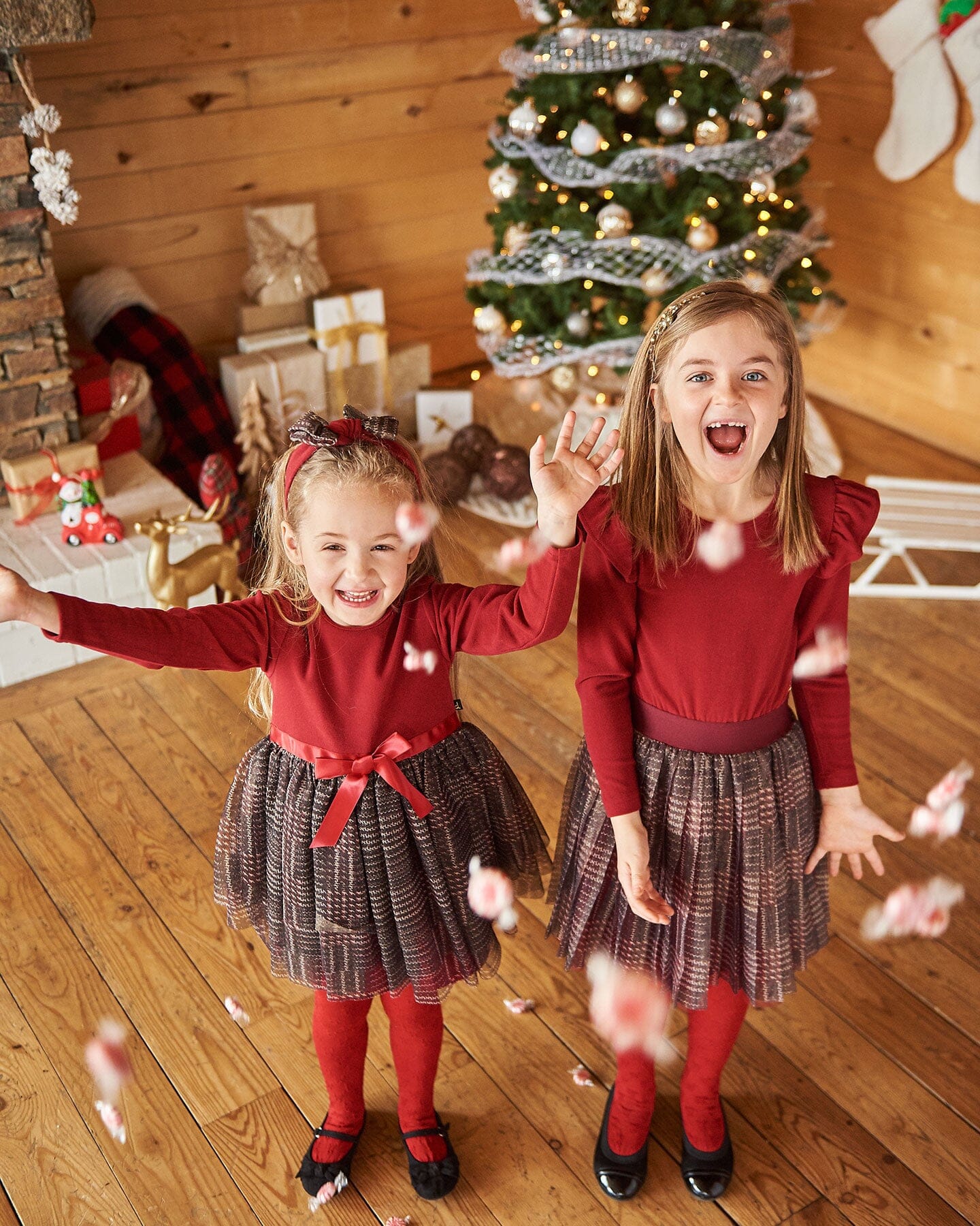 Bi-Material Dress With Glittering Tulle Skirt Red Plaid Dresses Deux par Deux 