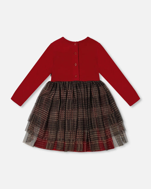 Bi-Material Dress With Glittering Tulle Skirt Red Plaid Dresses Deux par Deux 