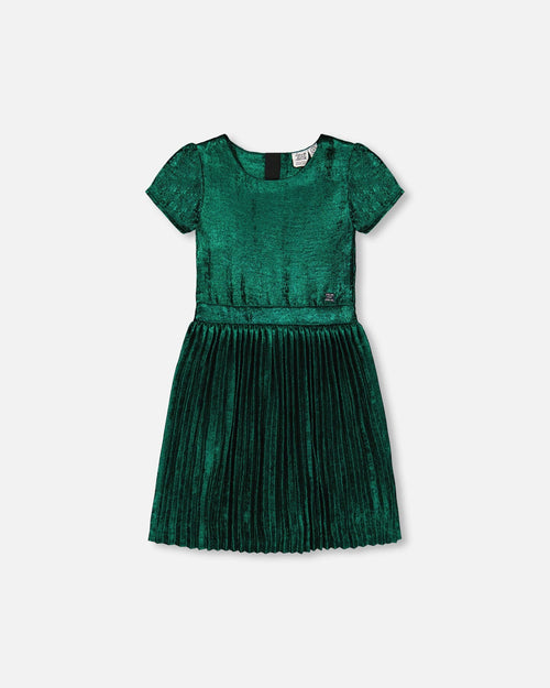 Short Sleeve Dress With Pleated Skirt Metallic Green Dresses Deux par Deux 