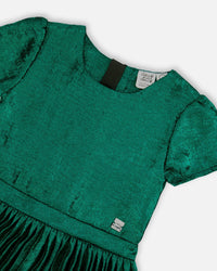 Short Sleeve Dress With Pleated Skirt Metallic Green Dresses Deux par Deux 