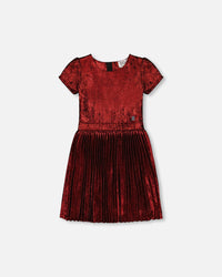 Short Sleeve Dress With Pleated Skirt Metallic Red Dresses Deux par Deux 