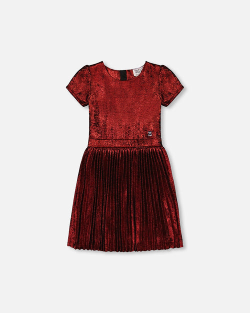 Short Sleeve Dress With Pleated Skirt Metallic Red Dresses Deux par Deux 